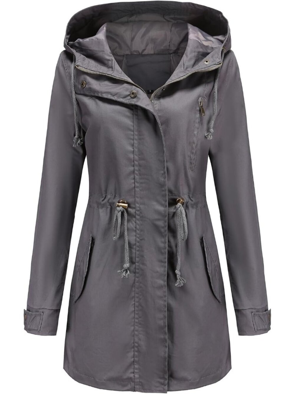 Women's Gray Lightweight Jackets Anorak Utility Drawstring Waist Hoodie Zip Up